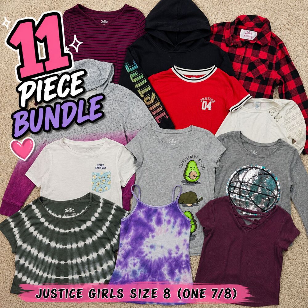 Justice Girls Size 8 Clothing Lot Hoodie Flannel Graphic Tees Bundle 11 Pc
